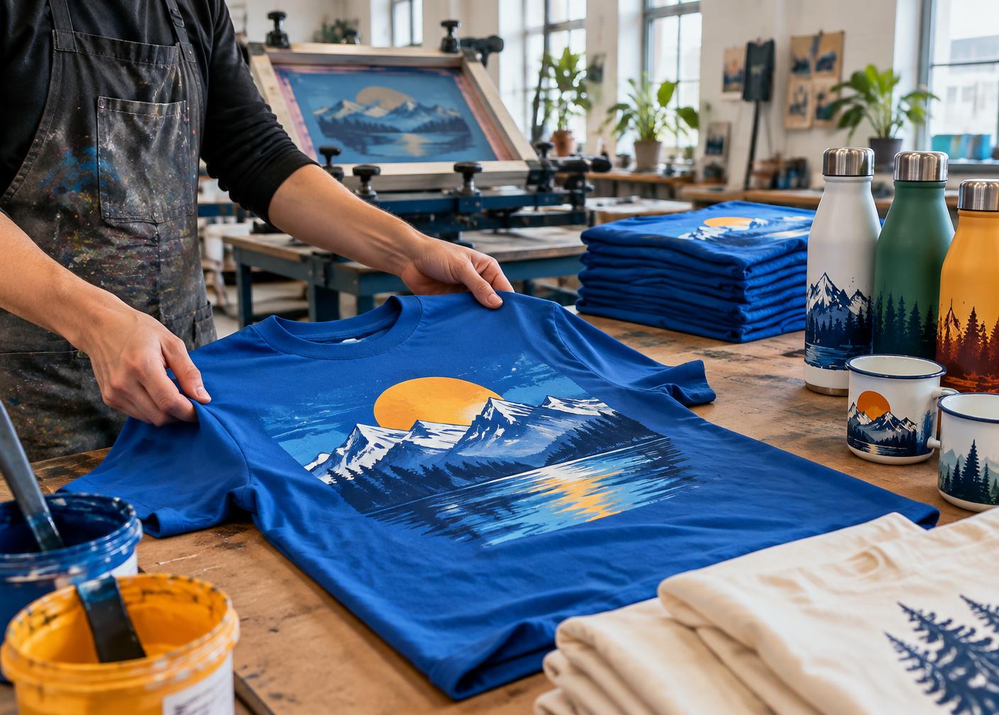 Estamparia de camisa e produtos personalizados em uma oficina gráfica