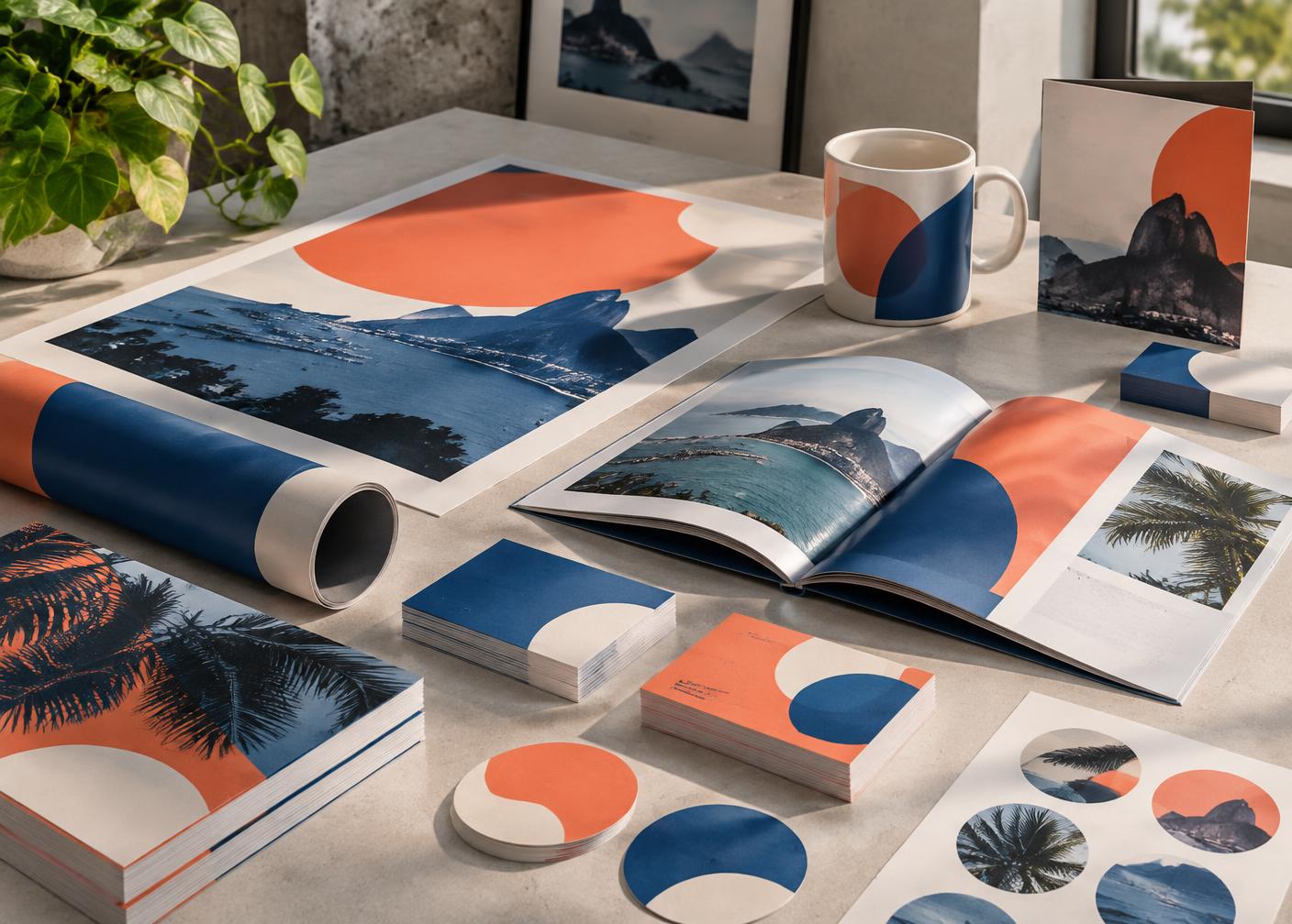 Exemplos ilustrativos de impressos, cartões e materiais gráficos